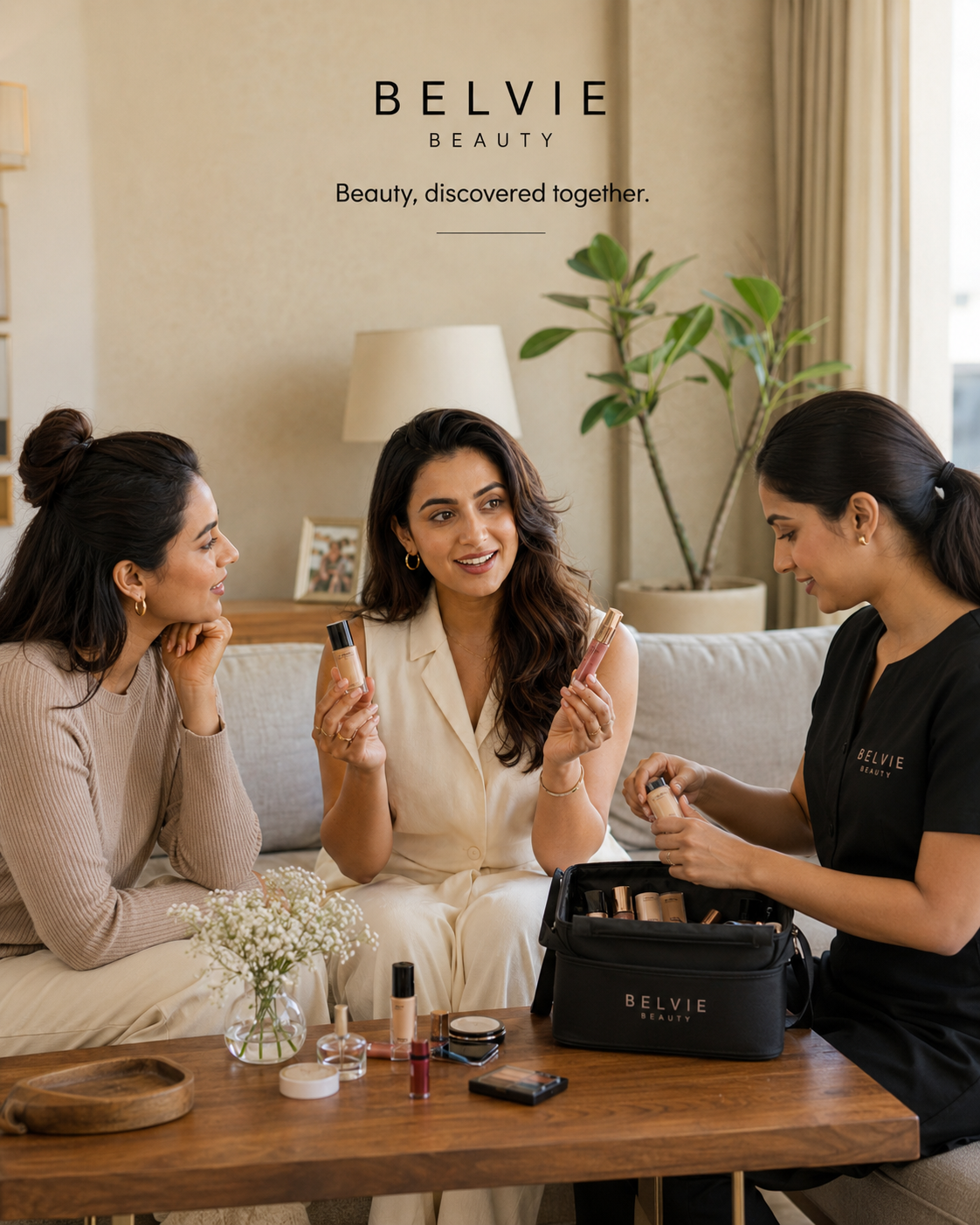 A Belvie Beauty Advisor sets up a trial kit while the Beauty Insider guides her friend