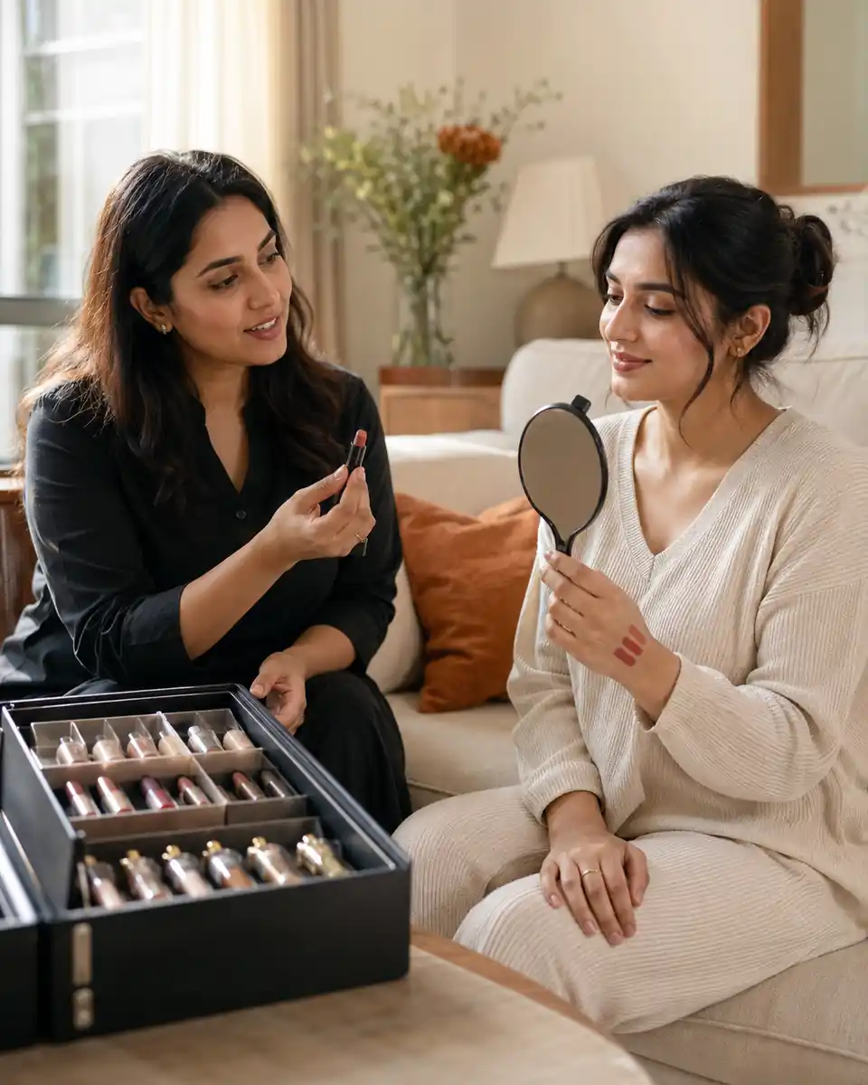 Belvie advisor showing a lipstick to a client at home while she checks it in a hand mirror