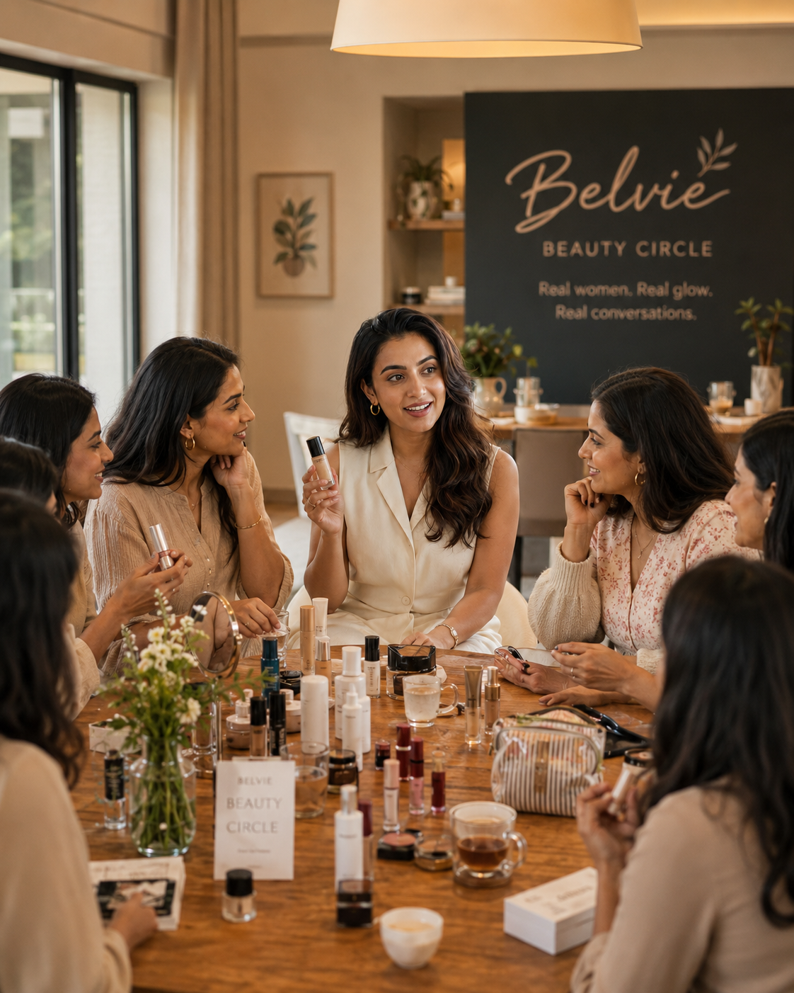 Women gathered around a table of beauty products at a Belvie Beauty Circle