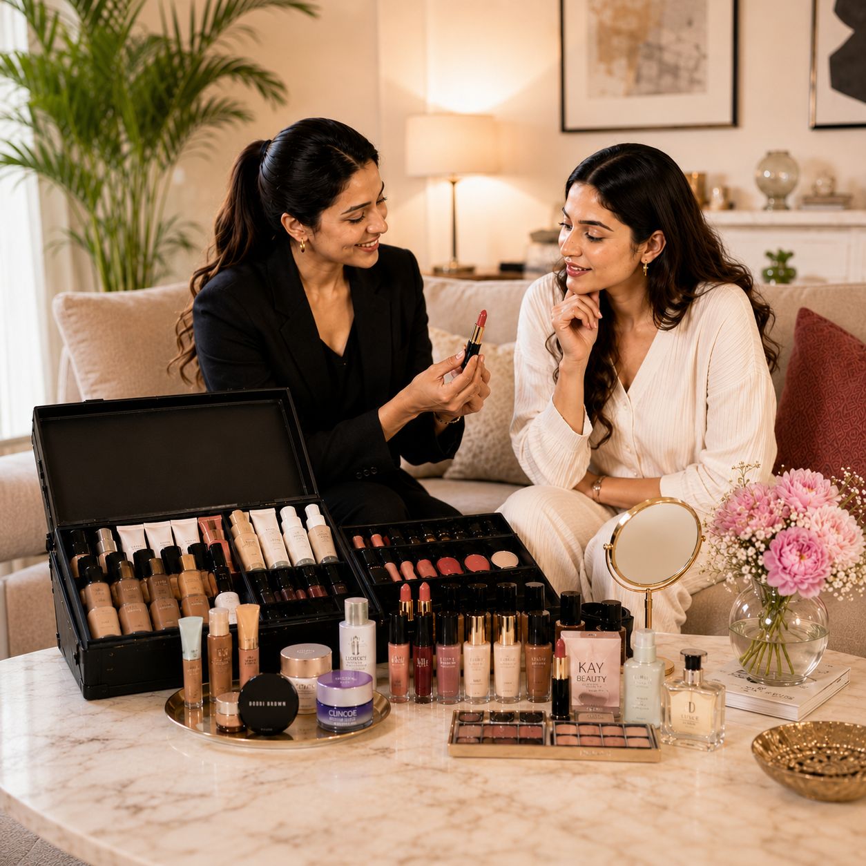A Belvie Beauty Advisor showing premium makeup products to a woman at home